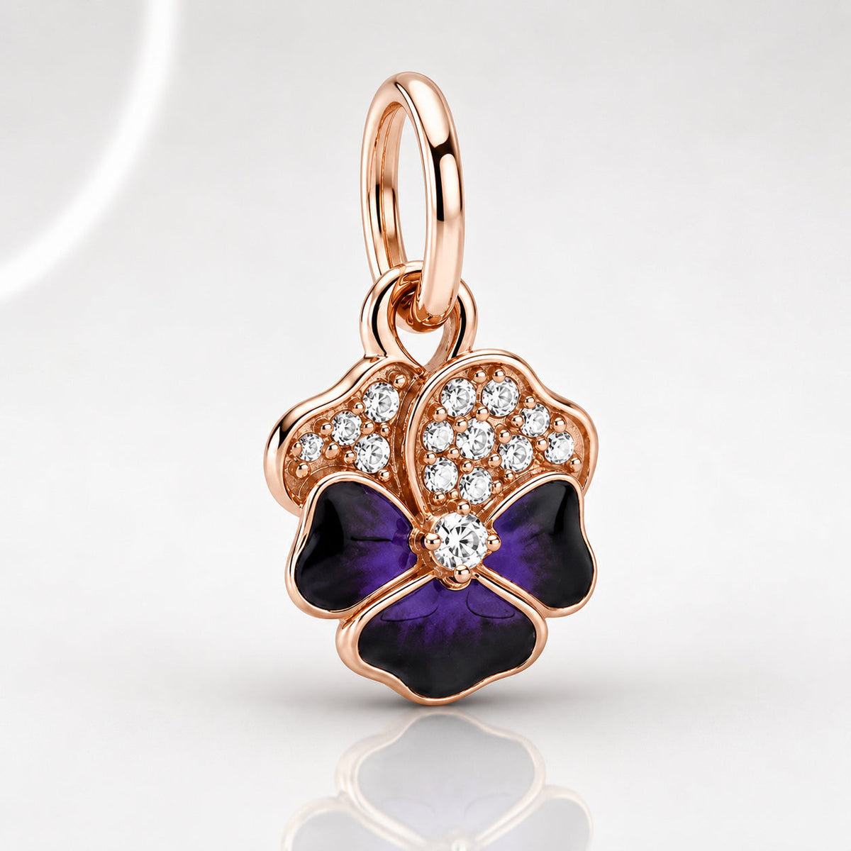 Deep Purple Pansy Flower Dangle Charm S925 Sterling Silver