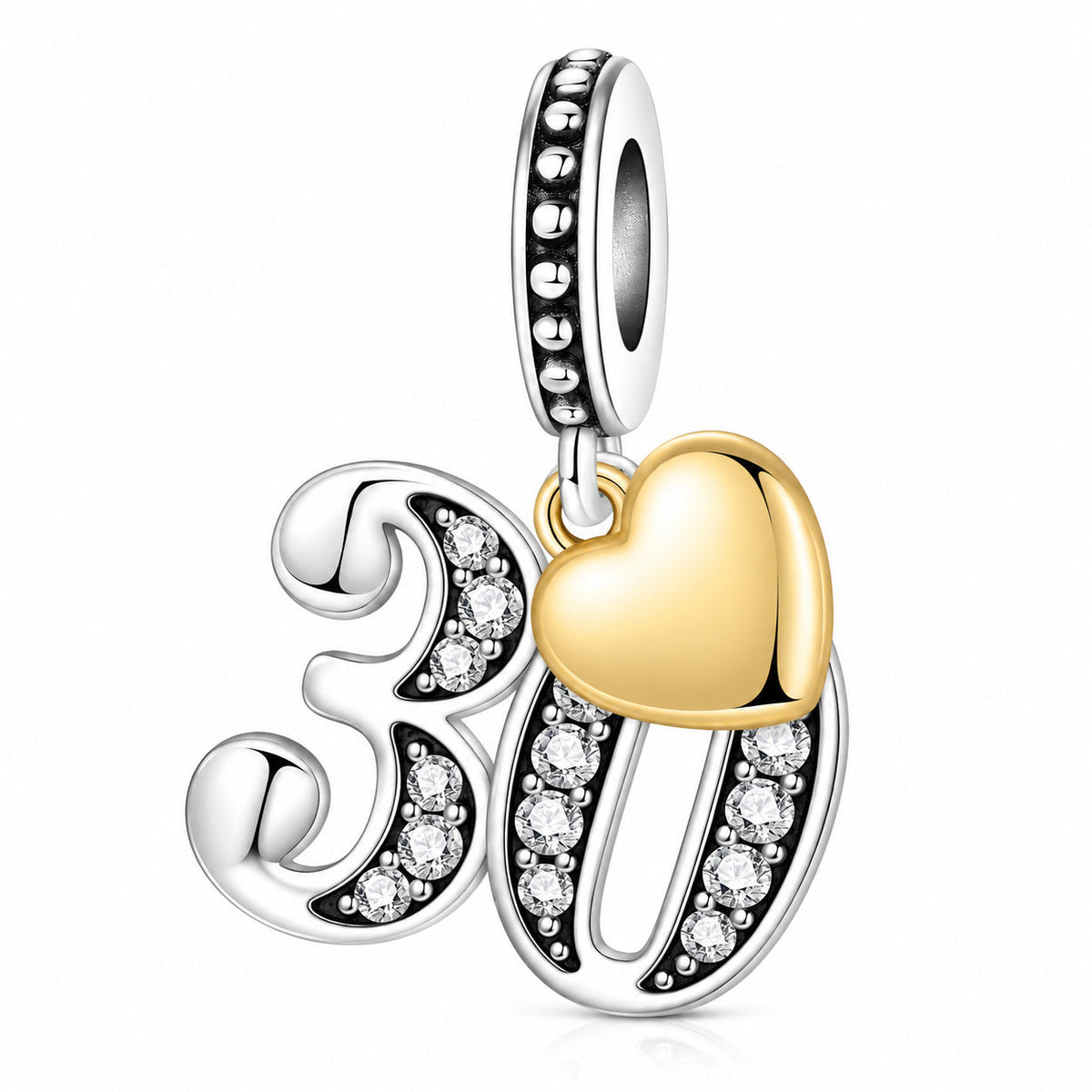 13, 16, 18, 21, 30 Birthday Number with Gold Plated Heart Charm S925 Sterling Silver