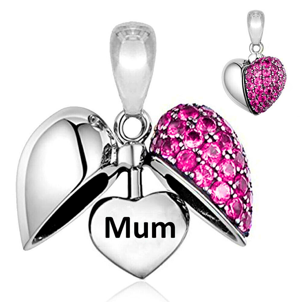 Pink Fuchsia Crystal Heart Mum Dangle Charm S925 Sterling Silver