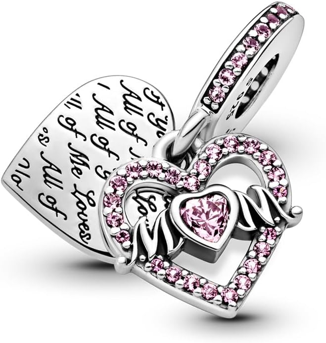Pink Heart & Mum Dangle Charm S925 Sterling Silver