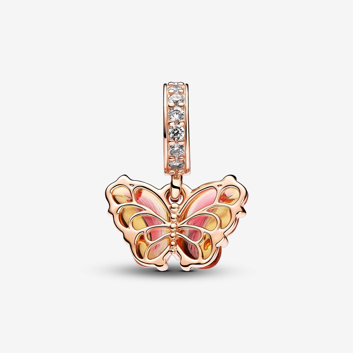 Pink & Yellow Murano Glass Butterfly Dangle Charm S925 Sterling Silver