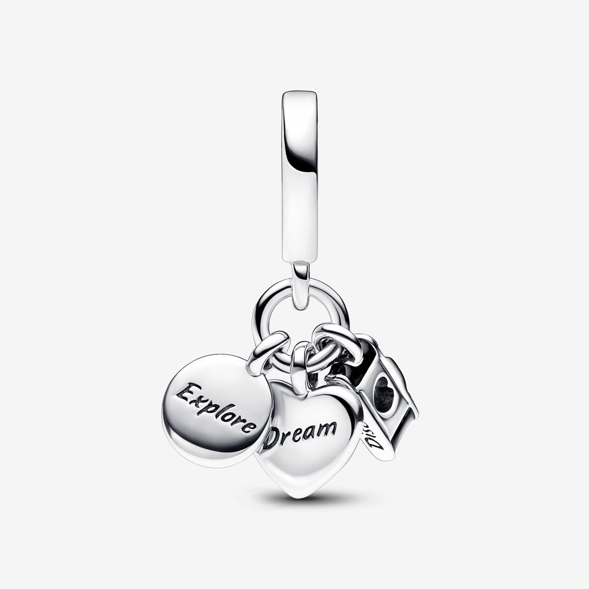 Camera, Heart & Compass Triple Dangle Charm S925 Sterling Silver
