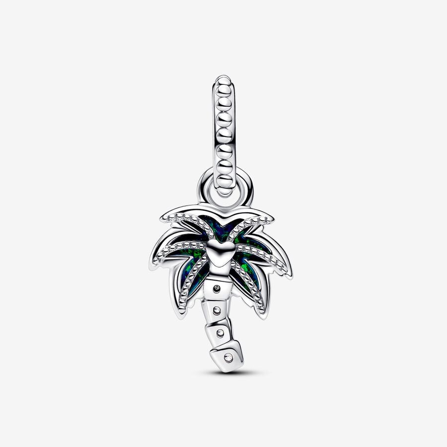 Opalescent Green Palm Tree Dangle Charm S925 Sterling Silver