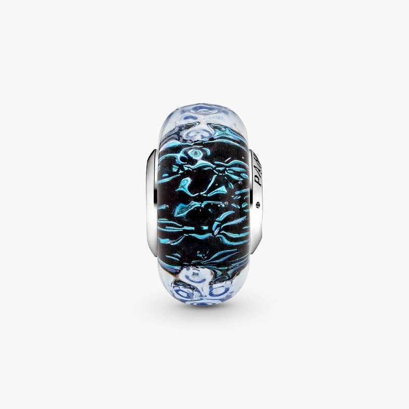 Wavy Dark Blue Murano Glass Ocean Charm S925 Sterling Silver