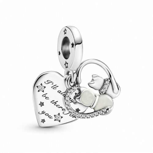 Cats & Heart Double Dangle Charm S925 Sterling Silver