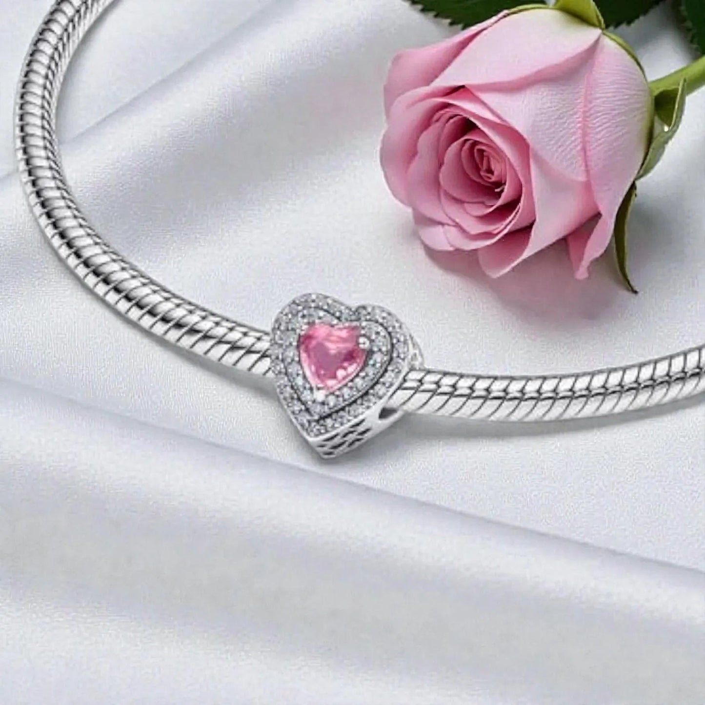 Pink Sparkling Levelled Hearts Charm S925 Sterling Silver