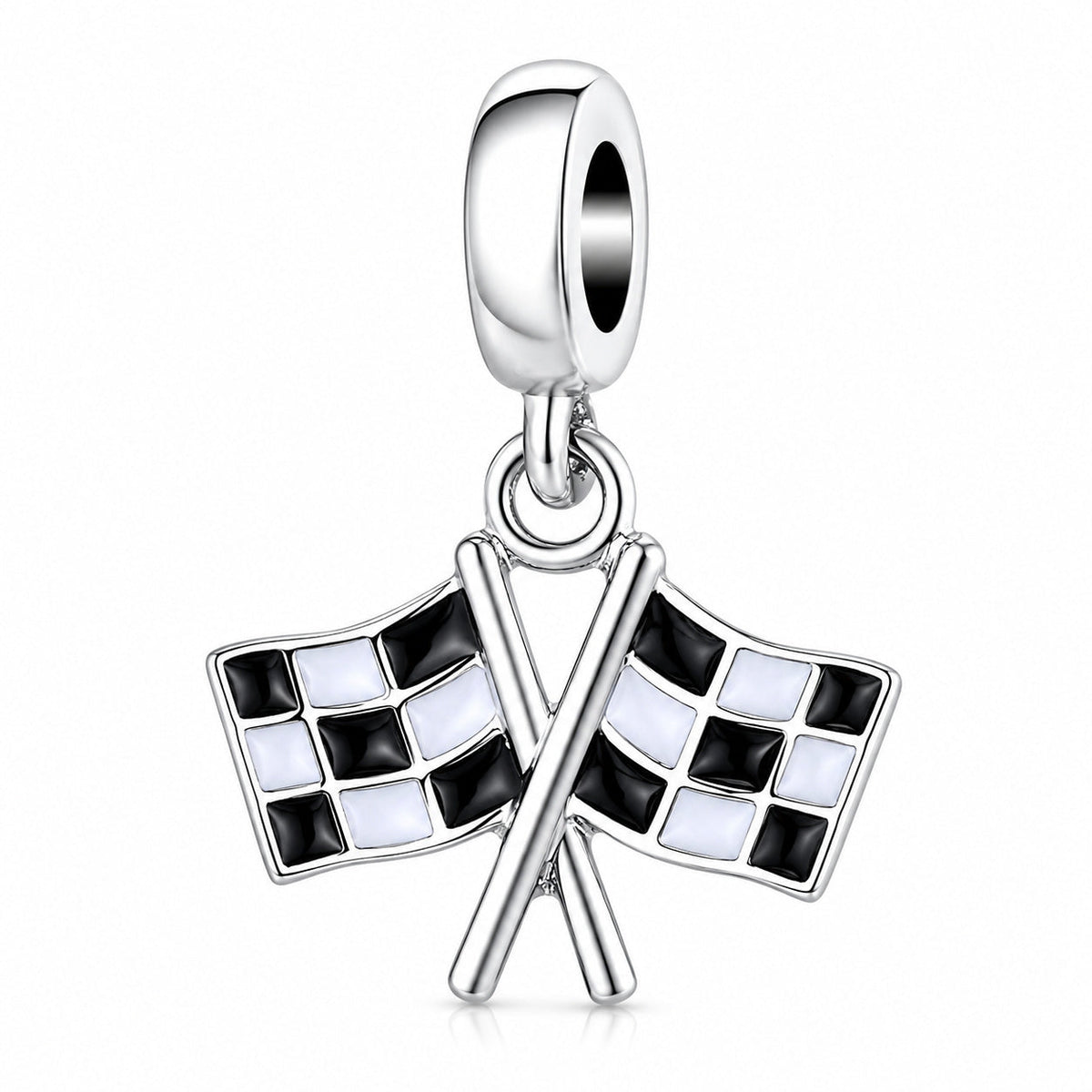 Dangling Black and White Checkered Flags Charm S925 Sterling Silver