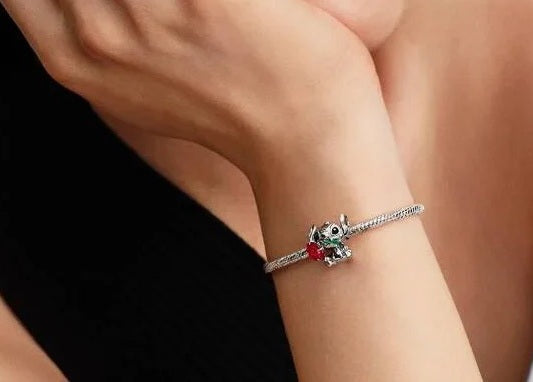 Disney Stitch Rose Murano Glass Charm S925 Sterling Silver