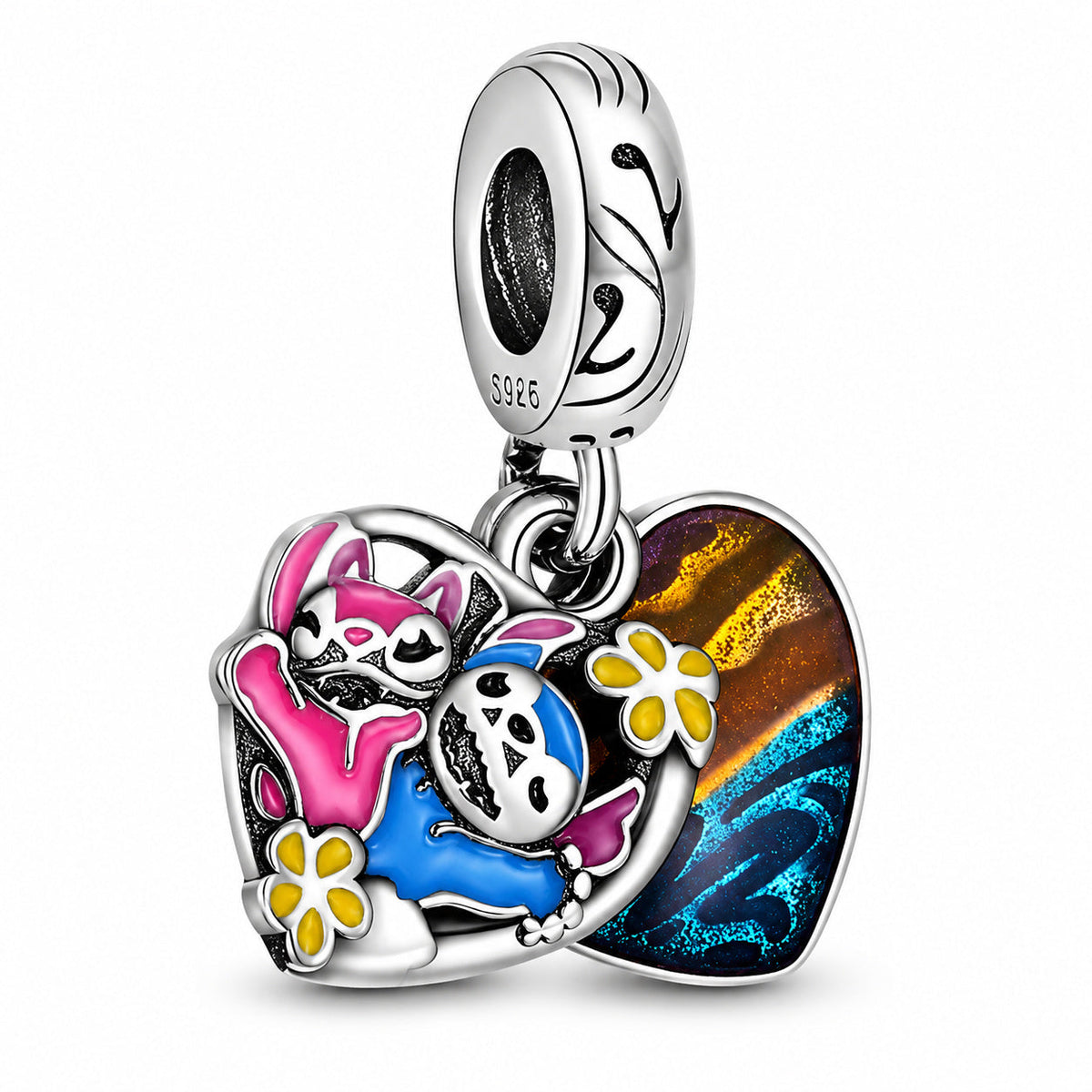 Disney Lilo Stitch-Stitch & Angel Double Dangle Charm S925 Sterling Silver