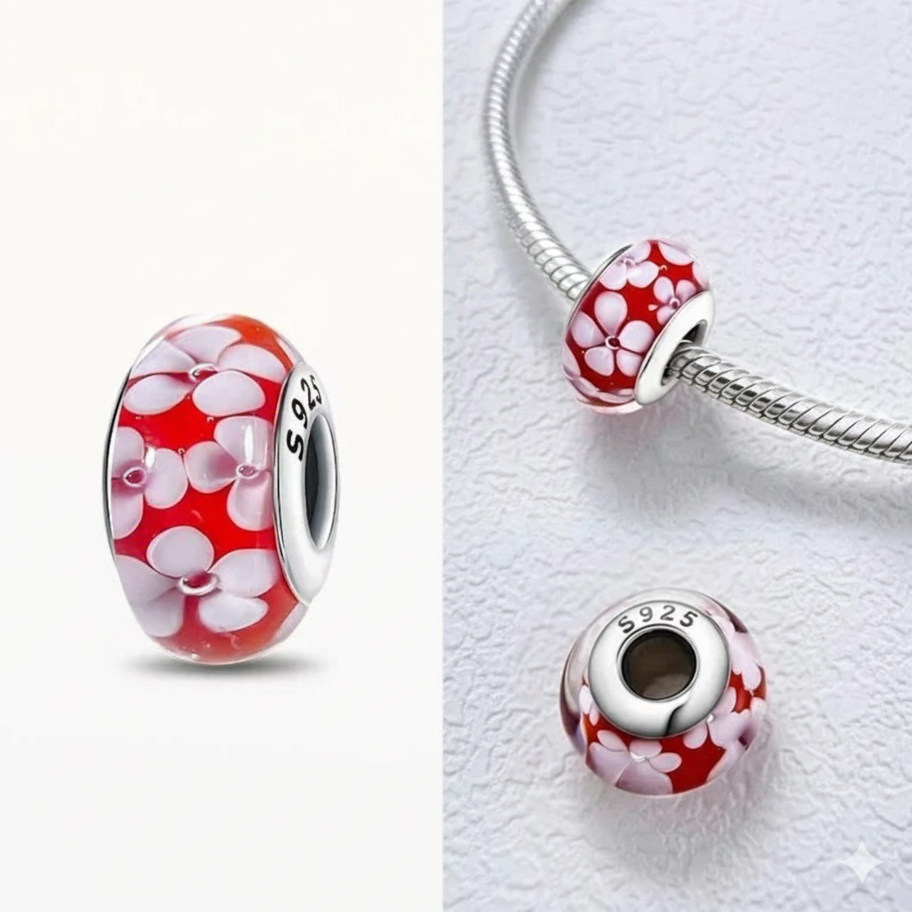 Red Murano Glass Cherry Blossom Charm S925 Sterling Silver