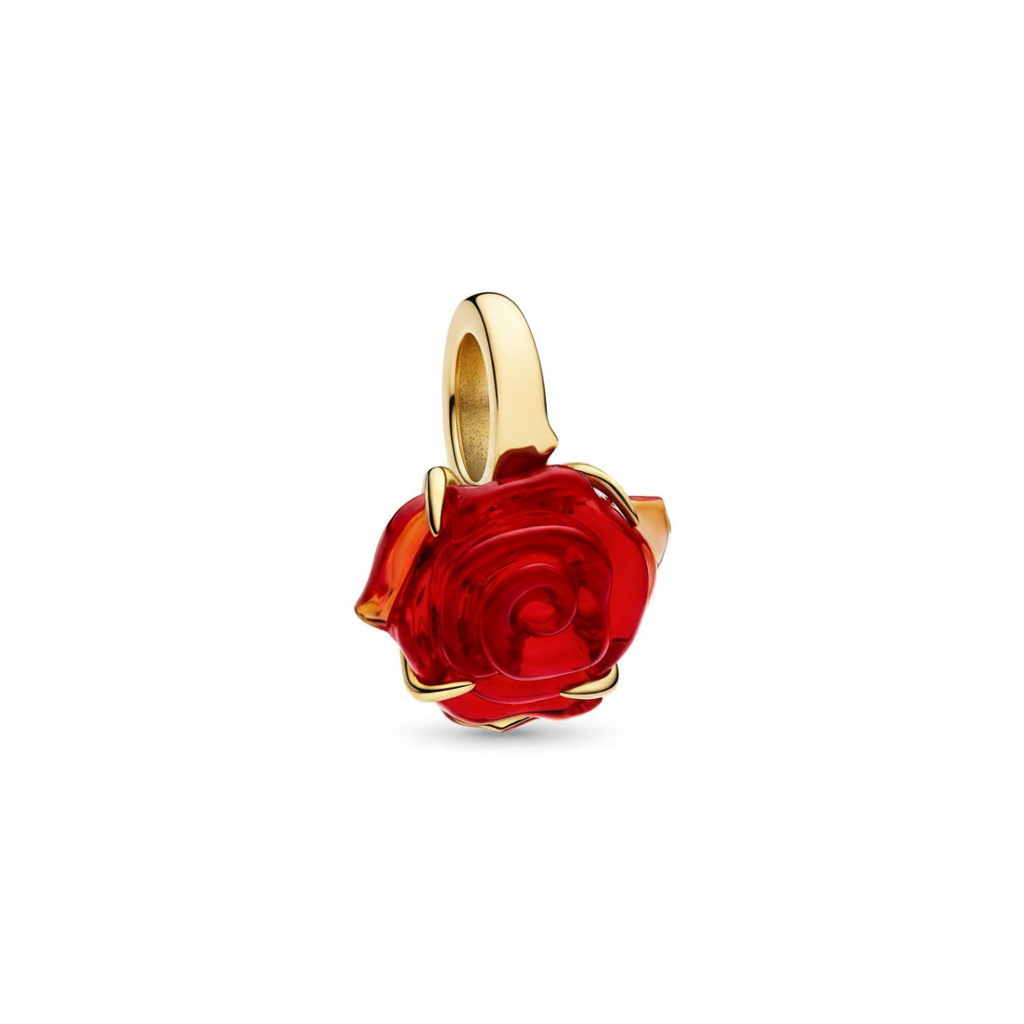 Disney Beauty and the Beast Enchanted Rose Dangle Charm S925 Sterling Silver