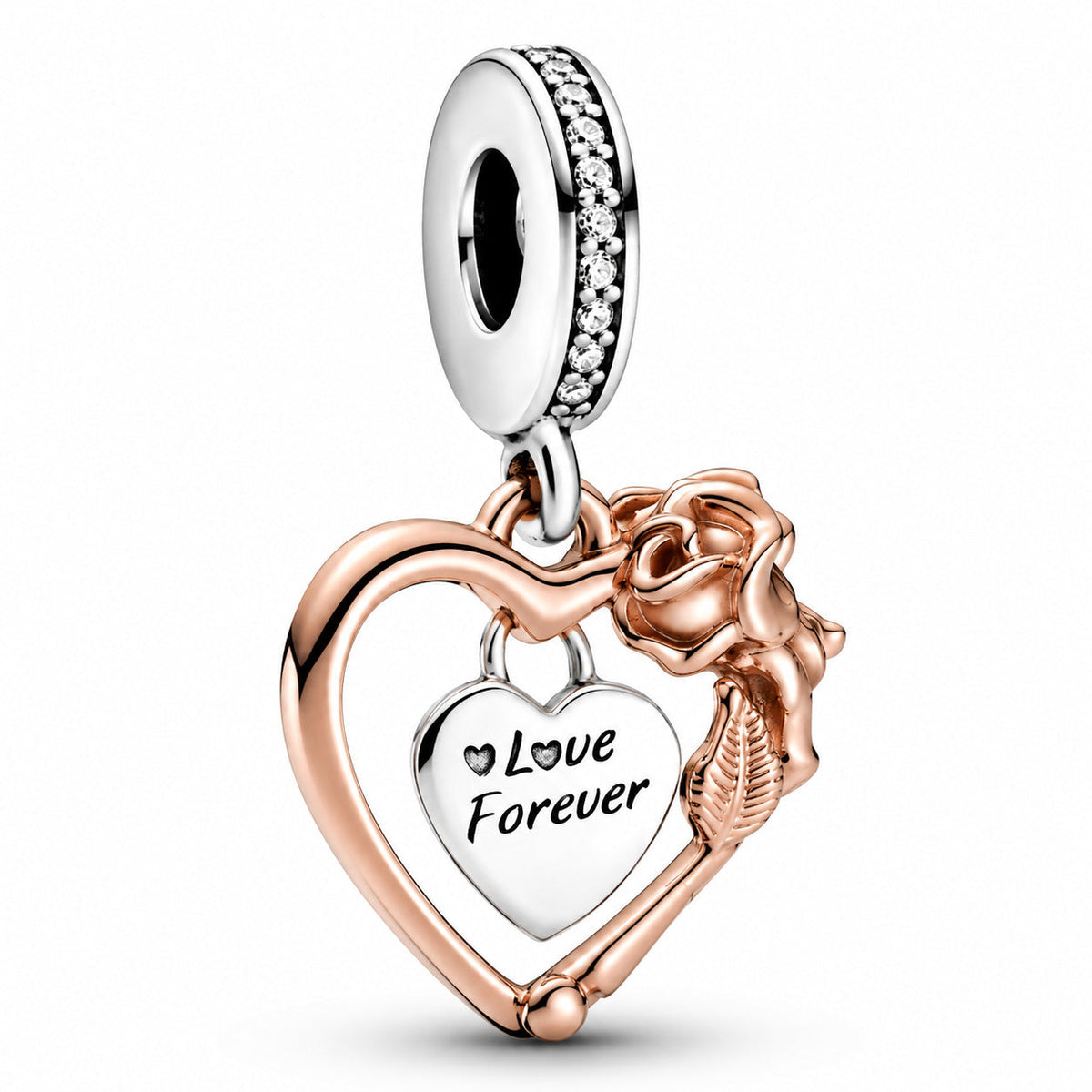 Heart & Rose Flower Dangle Charm S925 Compatible Sterling Silver Charm