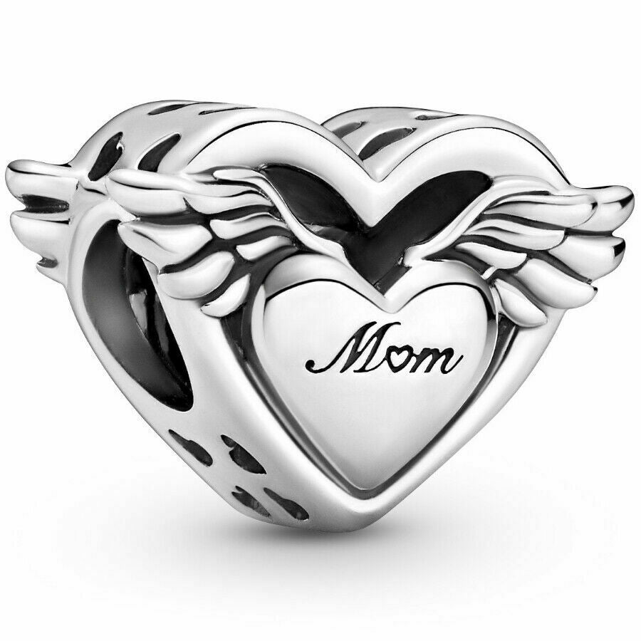 Mom Angel Wings Heart Charm S925 Sterling Silver