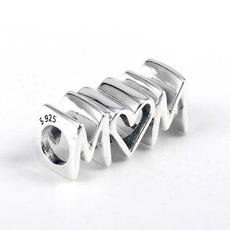 Mom Script Heart Charm S925 Sterling Silver