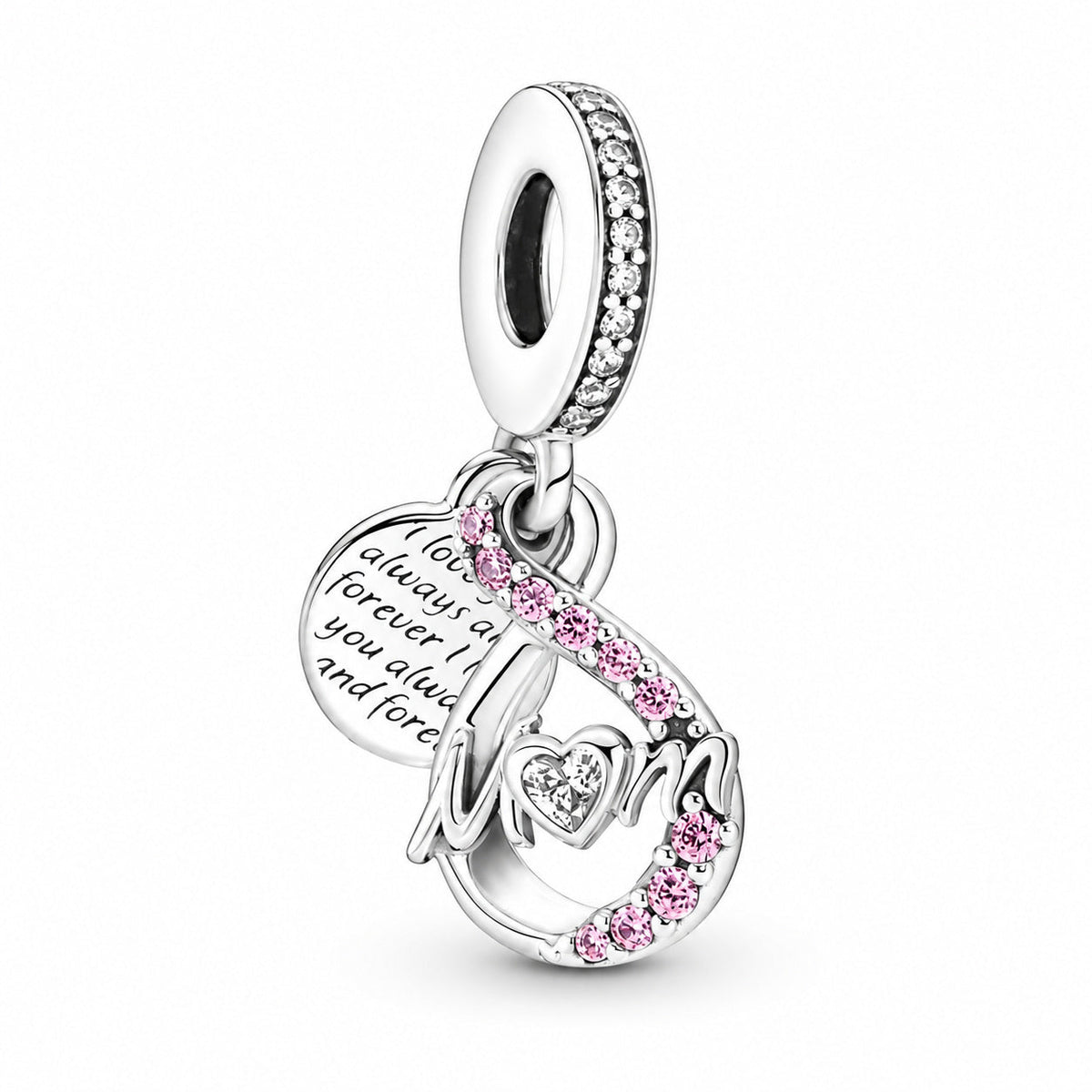 Mom Infinity Pave Double Dangle Charm S925 Sterling Silver