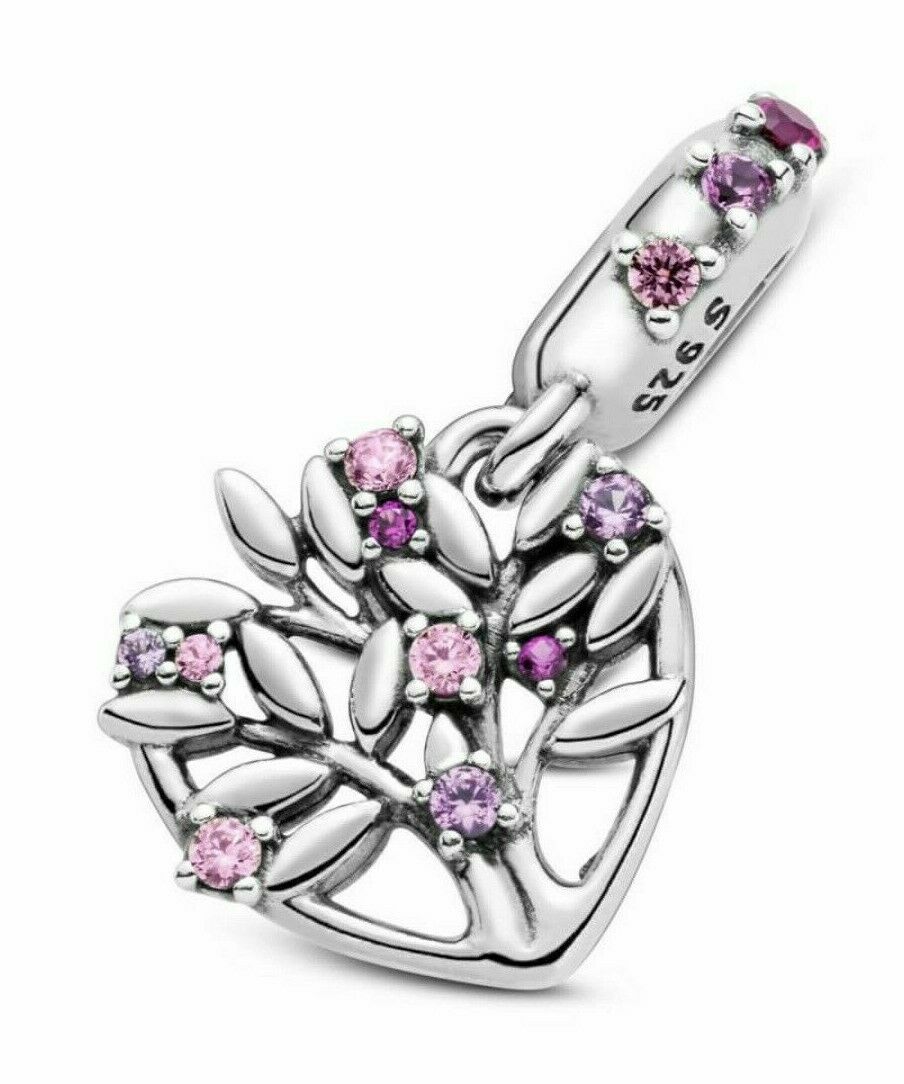 Pink Heart Family Tree Dangle Charm S925 Sterling Silver