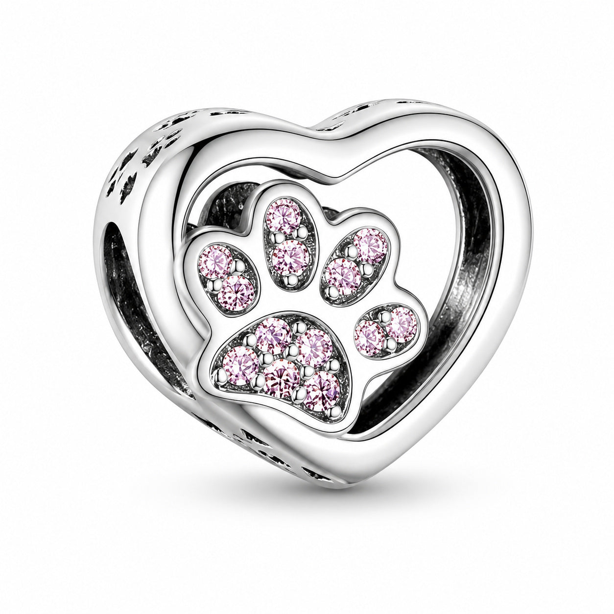 Pink Heart Paw Print Charm S925 Sterling Silver