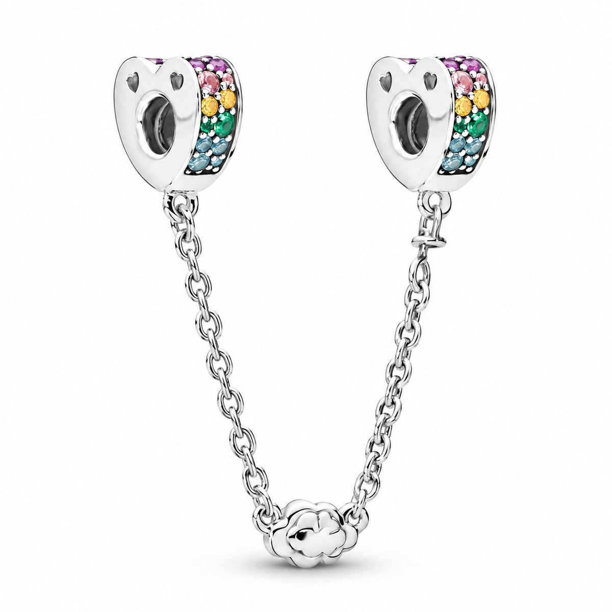 Rainbow Pave Heart Safety Chain Charm S925 Sterling Silver