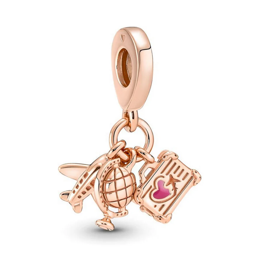 Rose Gold Plane, Globe & Suitcase Triple Dangle Charm S925 Sterling Silver