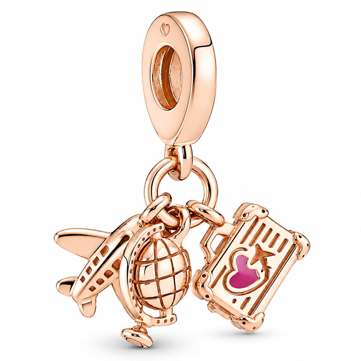 Rose Gold Plane, Globe & Suitcase Triple Dangle Charm S925 Sterling Silver