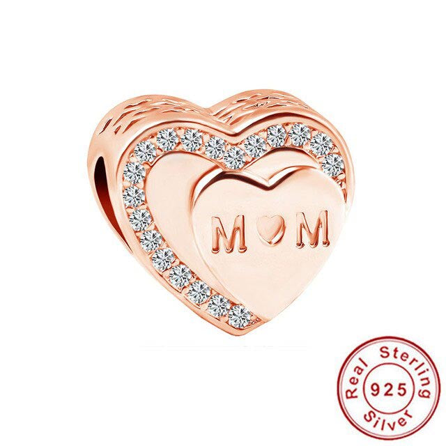 Rose Gold Sparkling Mom Heart Charm S925 Sterling Silver
