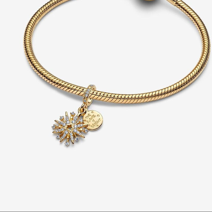 Sparkling Fireworks Double Dangle Golden Charm S925 Sterling Silver
