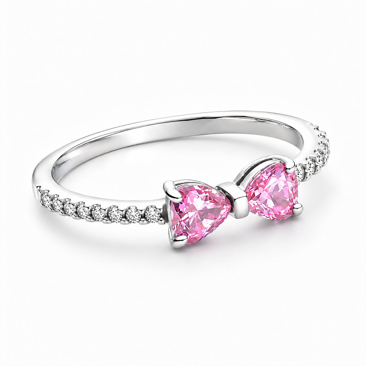 Sparkling White Radiant Bridgerton Pink Bow Ring S925 Sterling Silver