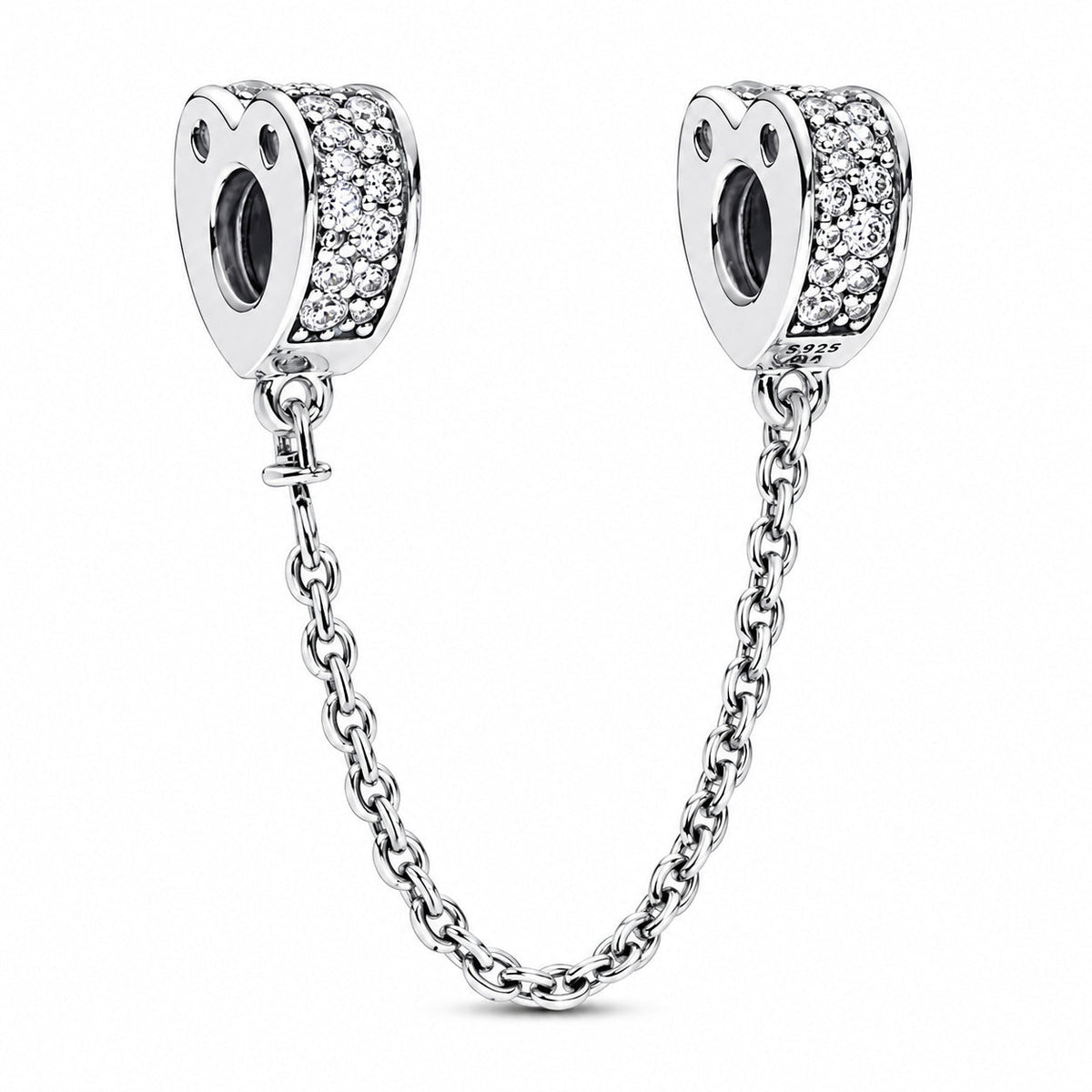 Sparkling Arc of Love Clear Pave Heart Safety Chain Charm S925 Sterling Silver