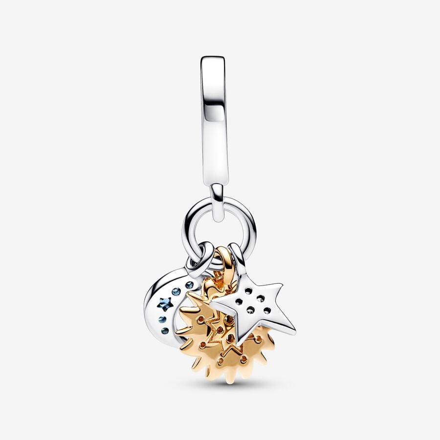 Two-tone Celestial Triple Dangle Charm S925 Sterling Silver