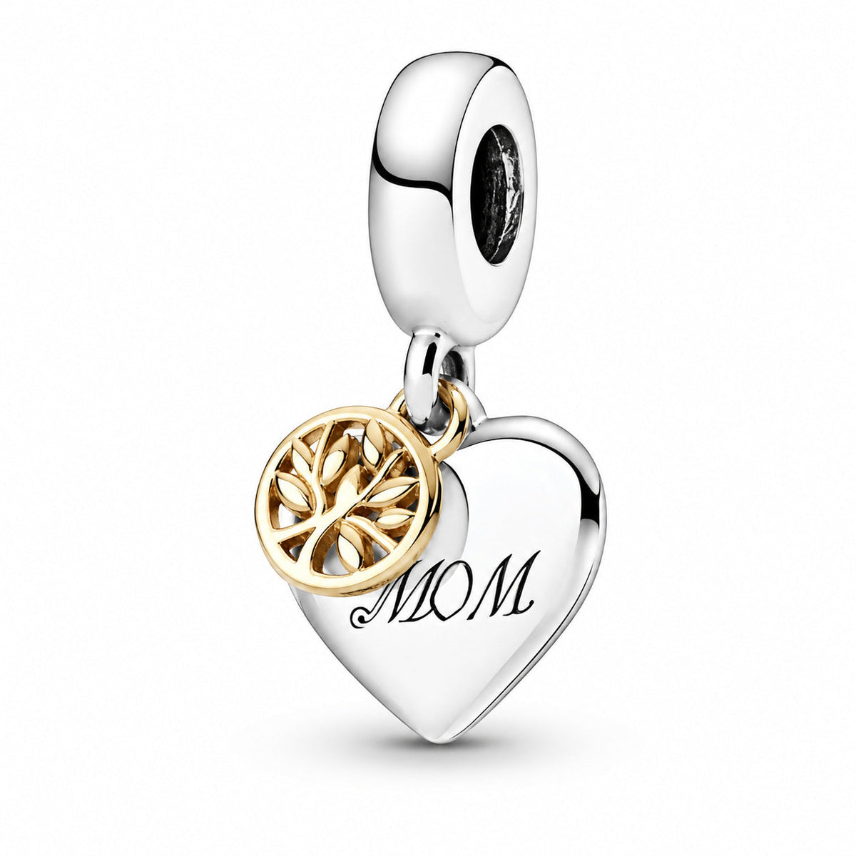 Two Tone Family Tree Mom Heart Dangle Charm S925 Sterling Silver