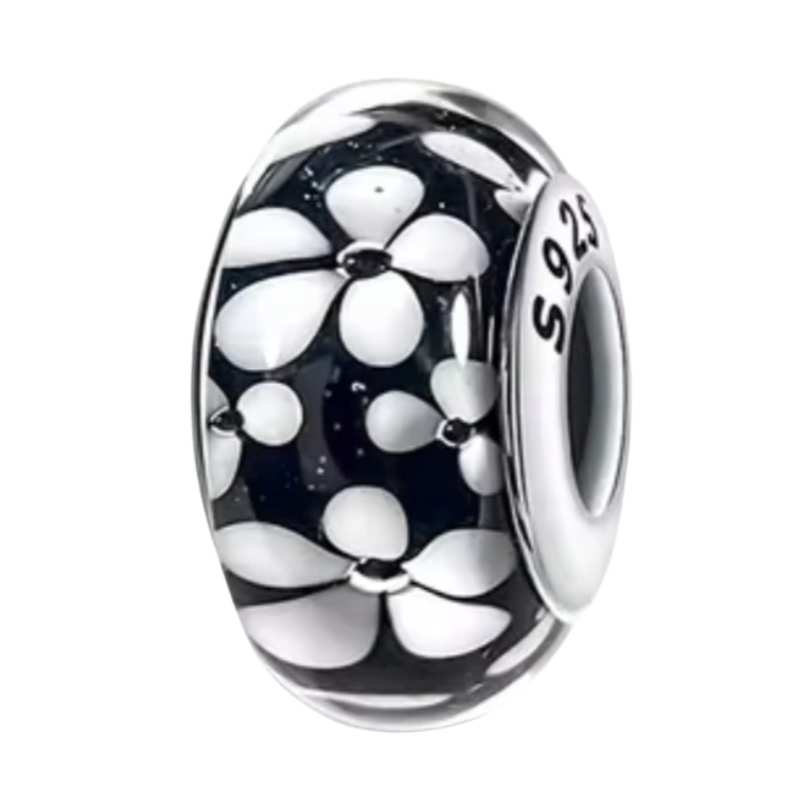 Black & White Flower Murano Charm S925 Sterling Silver