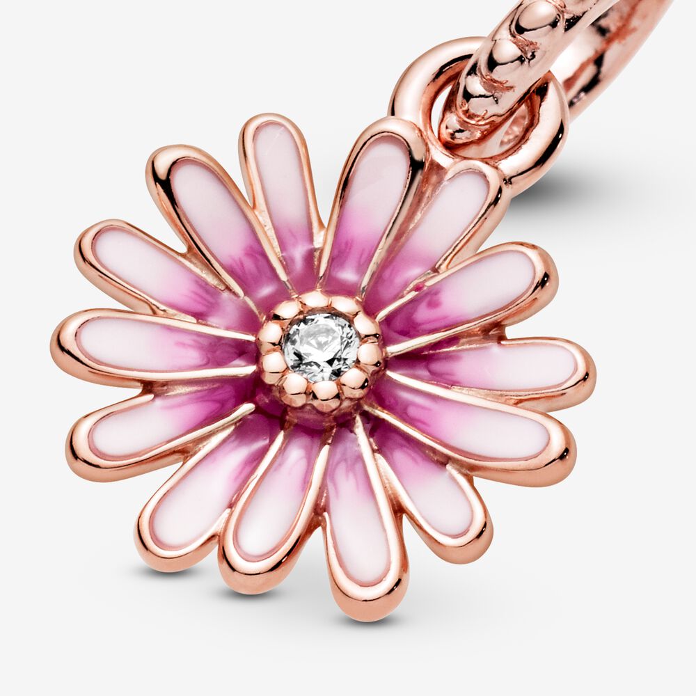 Pink Daisy Dangle Charm S925 Sterling Silver