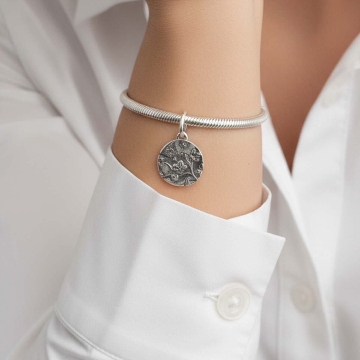 Cherry Blossom Medallion Charm S925 Sterling Silver