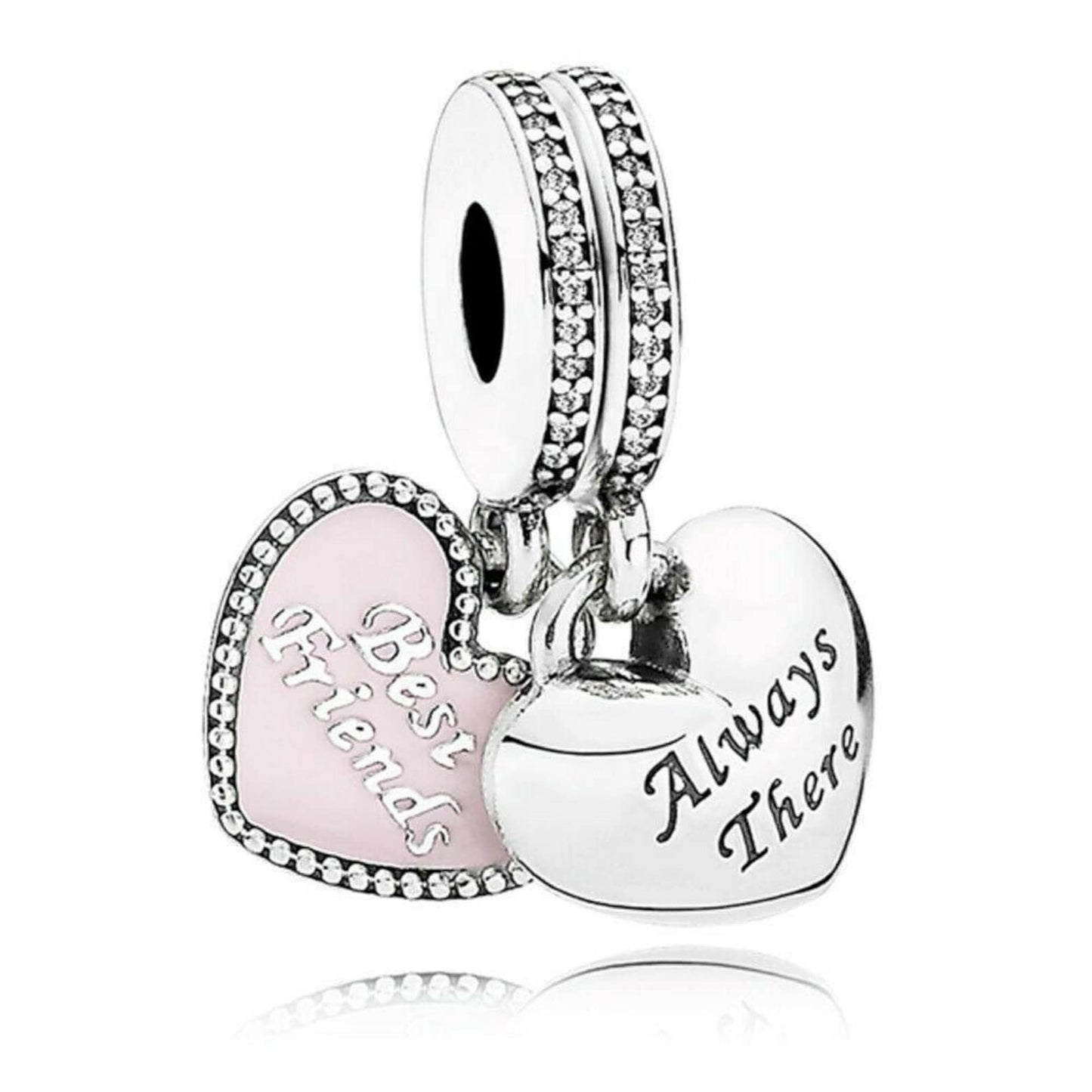 Best Friend Always There Pink Heart Double Dangle Charm S925 Sterling Silver