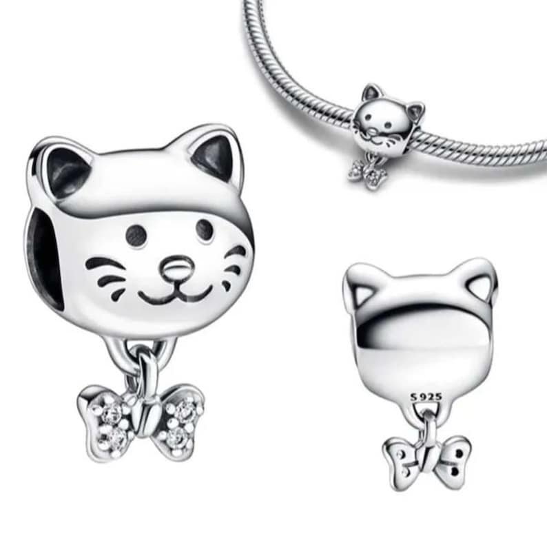Pet Cat & Bow Charm S925 Sterling Silver