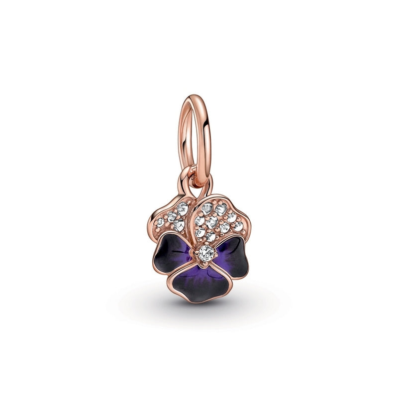 Deep Purple Pansy Flower Dangle Charm S925 Sterling Silver