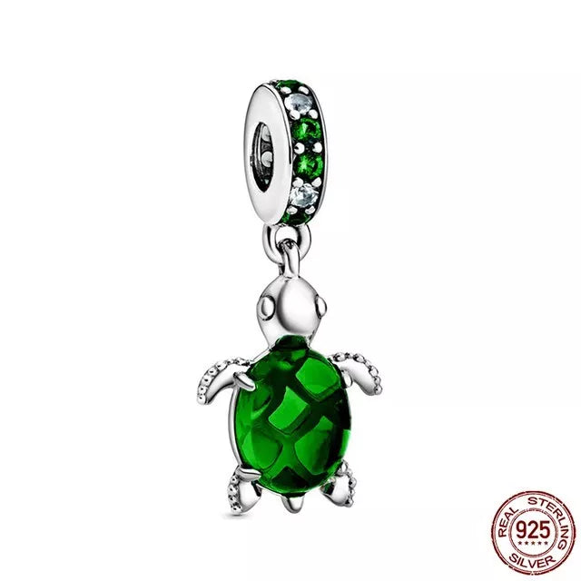 Ocean Sea Life Green Turtle Dangle Charm S925 Sterling Silver