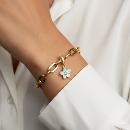 Gold & Blue Cherry Blossom Dangle Charm S925 Sterling Silver