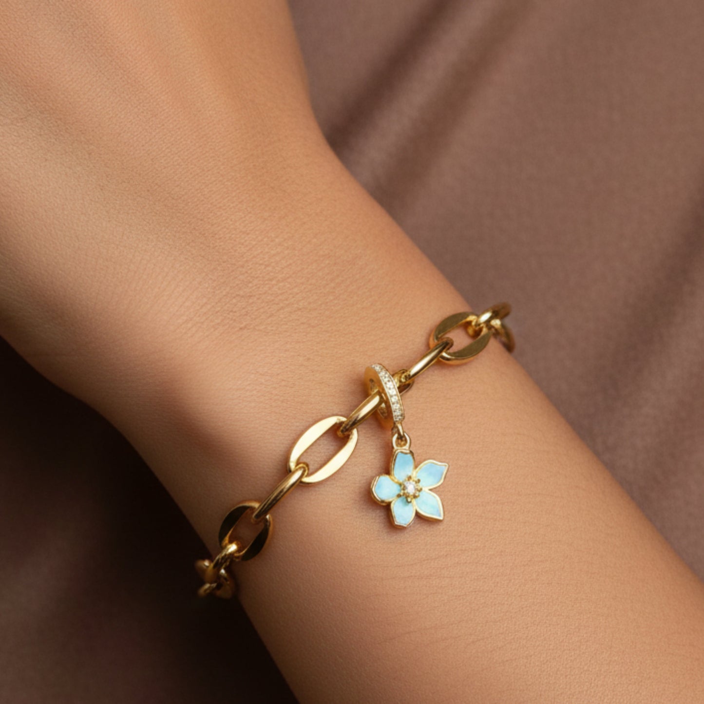 Gold & Blue Cherry Blossom Dangle Charm S925 Sterling Silver
