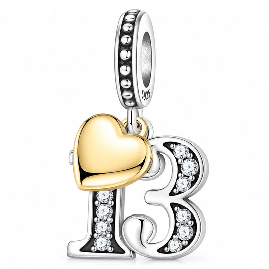13, 16, 18, 21, 30 Birthday Number with Gold Plated Heart Charm  S925 Sterling Silver