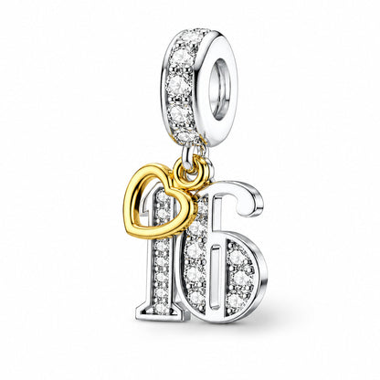 13th, 16th, 21st, 30th, 40th, 50th, 60th, 70th Gold Tag Birthday Dangle S925 Sterling Silver Charms