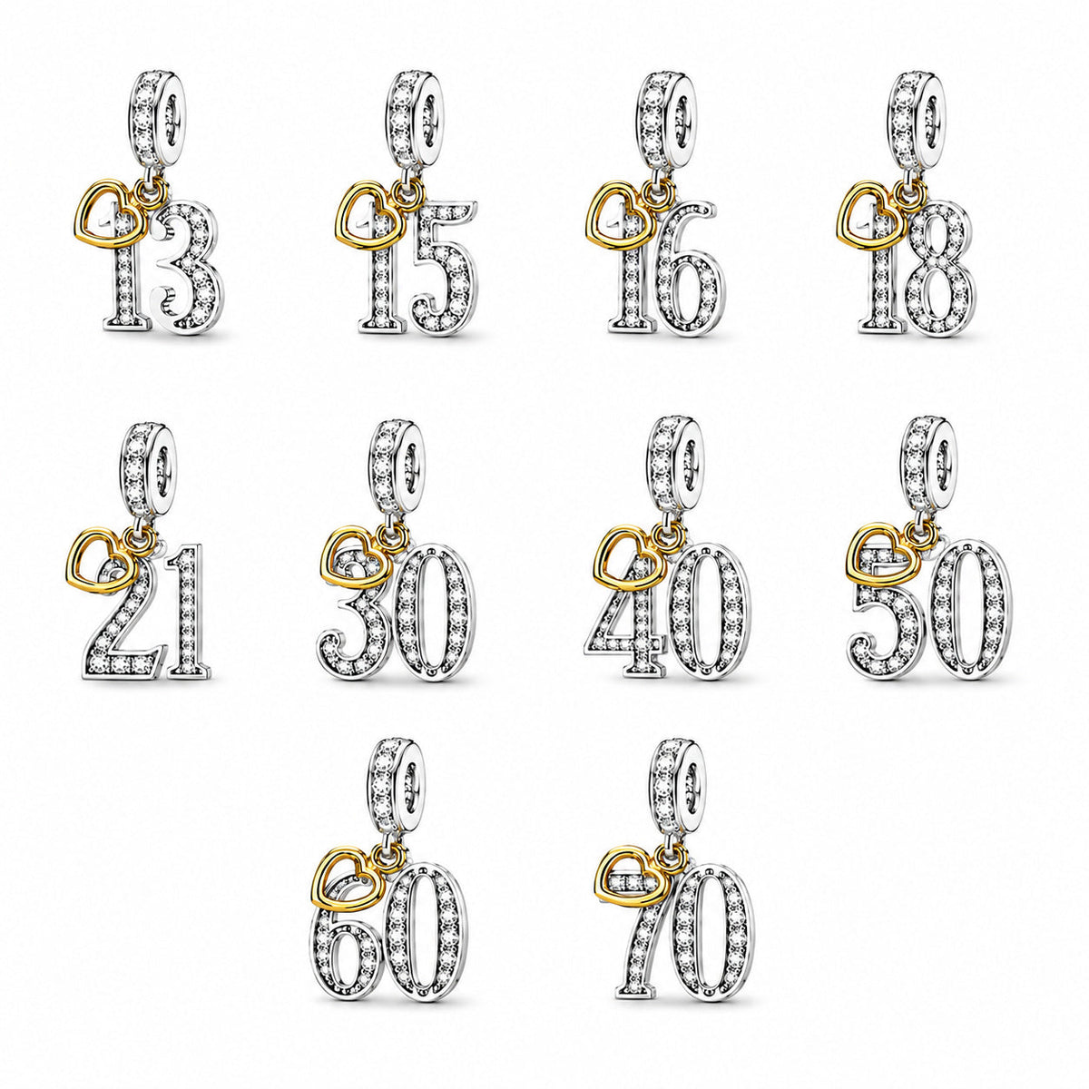 13th, 16th, 21st, 30th, 40th, 50th, 60th, 70th Gold Tag Birthday Dangle S925 Sterling Silver Charms