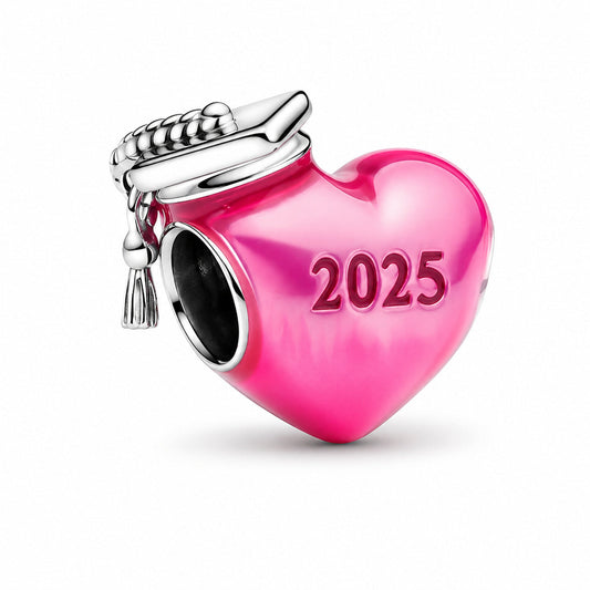 2025 Graduation Pink Heart Charm  S925 Sterling Silver