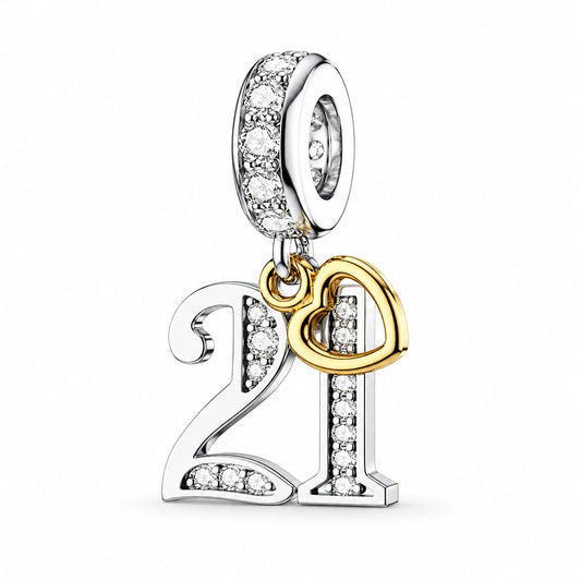 21st Birthday Gold Tag Dangle Charm S925 Sterling Silver