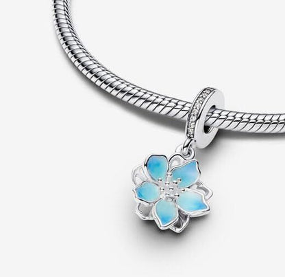 Blue Cherry Blossom Dangle Charm S925 Sterling Silver