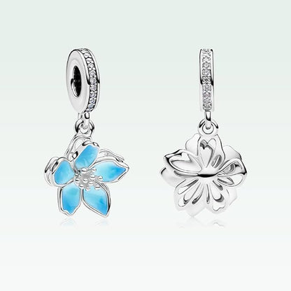 Blue Cherry Blossom Dangle Charm S925 Sterling Silver