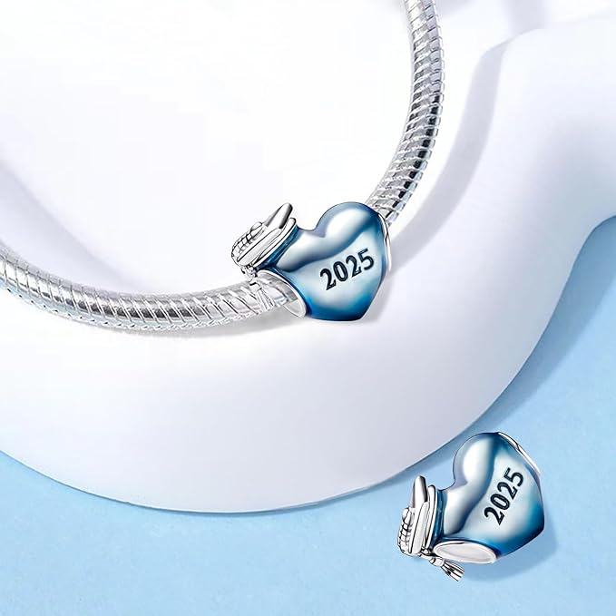 Blue 2025 Graduation Heart Charm S925 Sterling Silver
