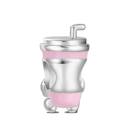 Fun Coffee-To-Go Cup Pink Embraces Love Charm S925 Sterling Silver