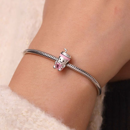 Fun Coffee-To-Go Cup Pink Embraces Love Charm S925 Sterling Silver
