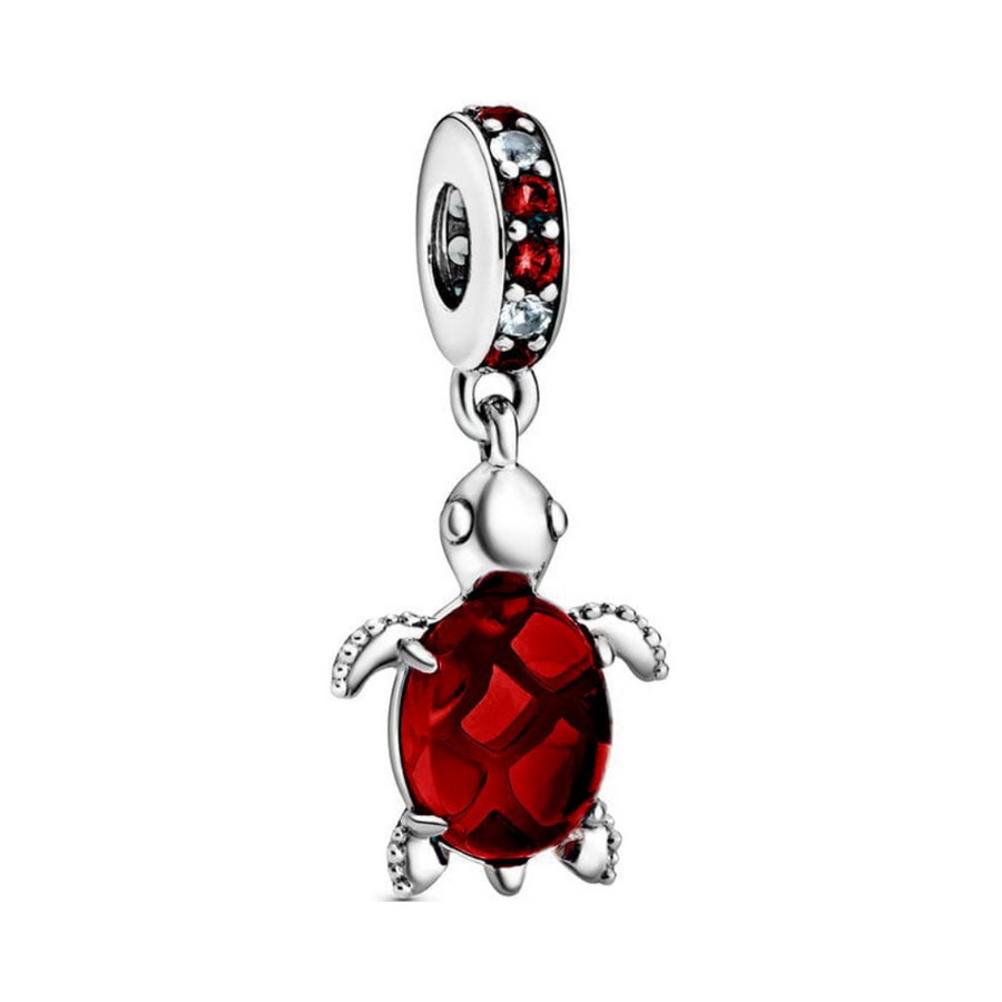 Red Murano Turtle Dangle Charm S925 Sterling Silver
